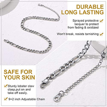 Adjustbale Link Chain Anklet for Women Summer Jewelry, 316L Stainless Steel Figaro/Wheat/Twist Rope/Cuban Foot Bracelet-Waterproof, Resizable 9"-12" (Gift Box Included) - color: 3, Figaro - Stainless Steel