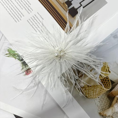 Elegant Feather Flower Pearl Cz Large Brooch Pin for Women Men Rhinestone Crystal Floral Lapel Pins Wedding Party Banquet Dress Suit Clothes Accessories Fashion Jewelry 180mm - color: White