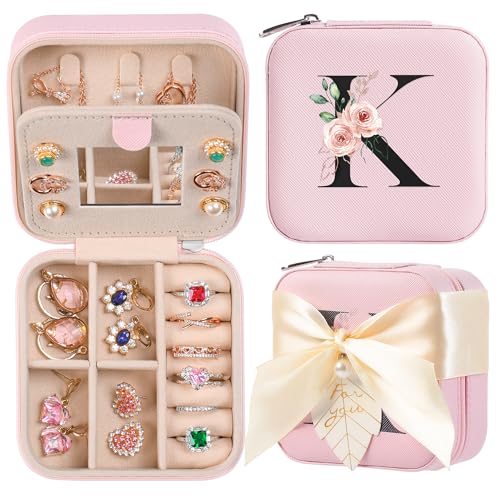 AYGXU Travel Jewelry Box for Women and Girls - Small Case With Initial A-Z - Teacher Gifts - color: pink, size: K