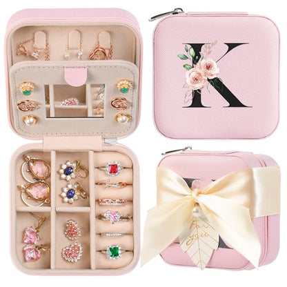 AYGXU Travel Jewelry Box for Women and Girls - Small Case With Initial A-Z - Teacher Gifts - color: pink, size: K