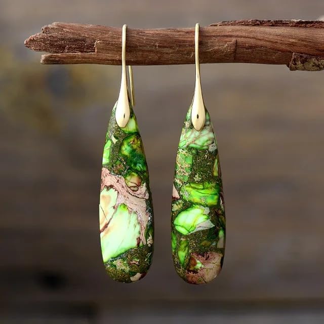 Boho Natural Imperial Jasper Teardrop Dangle Earrings for Women – Hypoallergenic French Hook Stone Drop Earrings Jewelry - color: Green Golden Hook #2
