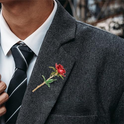 Red Rose Flower Brooches Pins for Women Men Elegant Crystal Flower Lapel Pin Retro Suit Hat Dress Accessories Wedding Valentine's Day Jewelry Gift - style: Red