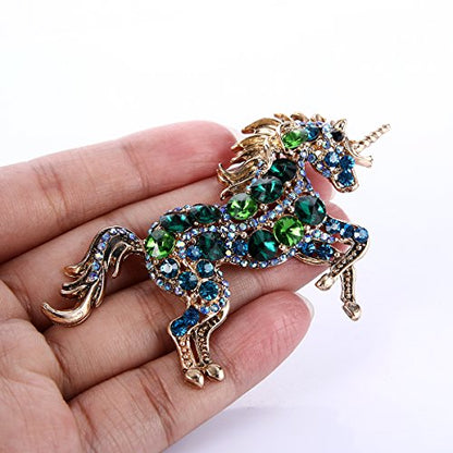 EVER FAITH Women's Austrian Crystal Running Unicorn Brooch - color: Green Gold-Tone