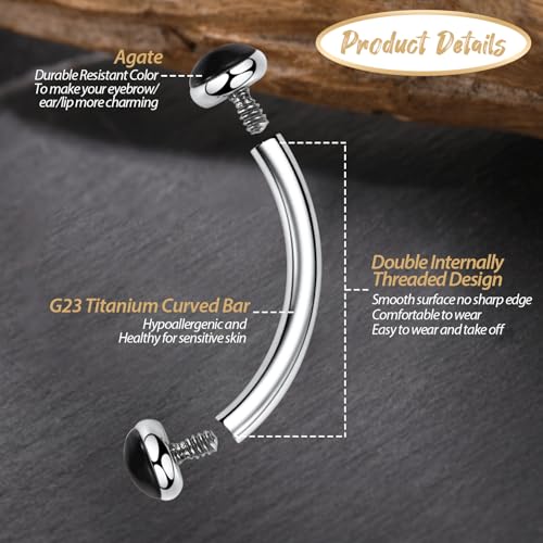 GAGABODY G23 Titanium Eyebrow Piercing Jewelry Curved Barbell Lip Ring | Internal Thread Used in Eyebrow,Belly,Rook 16 Gauge from 6mm to 12mm Lightweight Daily for Woman and Man Sensitive Skin - color: 1Pc-Disc Shape Silver+Black Agate, size: 16G-6mm