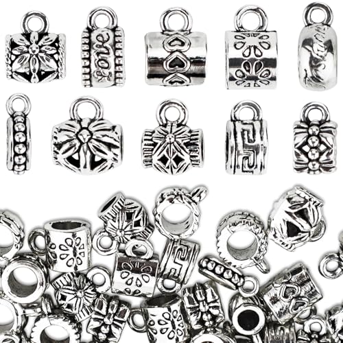 YETOOME 100 Pcs Antique Tibetan Silver Bail Beads, Loose Spacer Bead, Bead Hanger Charm for Jewelry Making DIY Necklace Bracelet, 10 Styles