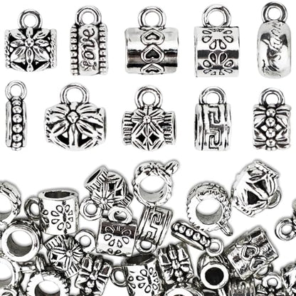 YETOOME 100 Pcs Antique Tibetan Silver Bail Beads, Loose Spacer Bead, Bead Hanger Charm for Jewelry Making DIY Necklace Bracelet, 10 Styles