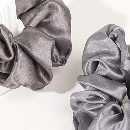 Satin Silk Scrunchies: Big Hair Ties for Women, Girls' Ponytail Holders for Thick, Curly Hair - Cute Pony Tails - color: Bown Gray