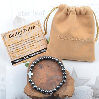 MASSIVE BEADS Handmade Yoga Stretch Elastic Bracelet Natural Stone Crystal Healing Power Energy Gifts for Unisex Adult 4mm 6mm 8mm 10mm - color: BELIEF FAITH(Hematite and Cross B), size: 8mm