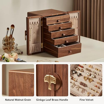 Wooden Jewelry Box, 5 Layer, Black Walnut, 7.9x8.7x10.0in | Large Jewelry Organizer for Women, Brass Handle, For Necklaces Rings Earrings Watches Storage, Gift for Her - size: 5 Layer(7.9"D x 8.7"W x 10"H)