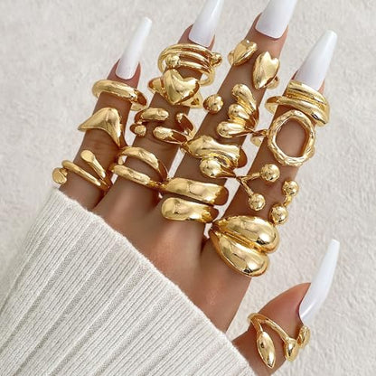 31 Pcs Chunky Gold Rings Fashion Stackable Rings for Women Statement Womens Rings Set Knuckle Band Ring Jewelry Gifts - style: Golden 31 pieces