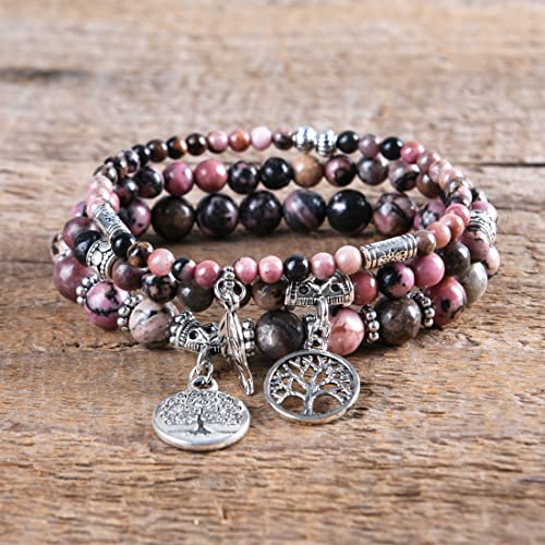 YGLINE Tree of Life Yoga Healing Stone Bracelets,Multilayer Lotus Chakra Stone Reiki Bracelet Sets,Anxiety Crystal Natural Stone,for Women Stress Relief - color: Rhodonite-3w