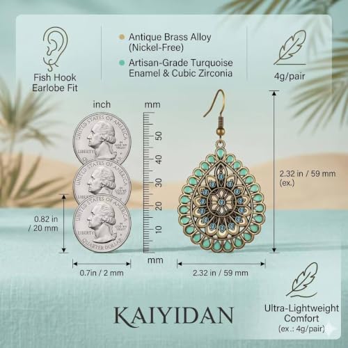 Boho Turquoise Dangle Earrings For Women Trendy,Western Blue Gemstone Drop Earings,Vintage Gothic Ethnic Statement Beach Vacation Long Birthstone Earrings with Leaf Teardrop Turquoise Crystal Tassels,Fashion Jewelry Birthday Gift. - style: A33 Vintage Bro