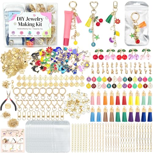 570 Pcs Keychain Making Kit, DIY Charm Making Supplies with Tassels | Enamel Charms Letter Beads, Pearl and Cherry Charm, Extender Chains, Storage Box Instruction Manual with Gift Bags, DIY Craft - size: 570pcs kit