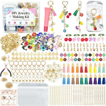 570 Pcs Keychain Making Kit, DIY Charm Making Supplies with Tassels | Enamel Charms Letter Beads, Pearl and Cherry Charm, Extender Chains, Storage Box Instruction Manual with Gift Bags, DIY Craft - size: 570pcs kit