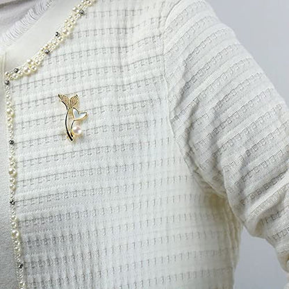 Golden Plated Mermaid Tail Brooch Pin for Women Girls Cubic Zirconia Faux Pearl Double Fish Tails Pins Clip Lapel Shawl Sweater Scarves Jackets Dress Suit Brooches Pins Fashion Jewelry Gifts Clothes Accessories