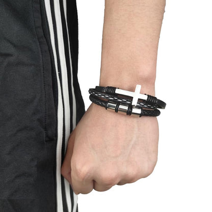 Multi-Layer Braided Leather Bracelets Mens Cross Leather Bracelet Wristband Religious Leather Bracelets Men Customized Gifts for Dad Husband Boyfriend Son - color: silver, size: 8.66