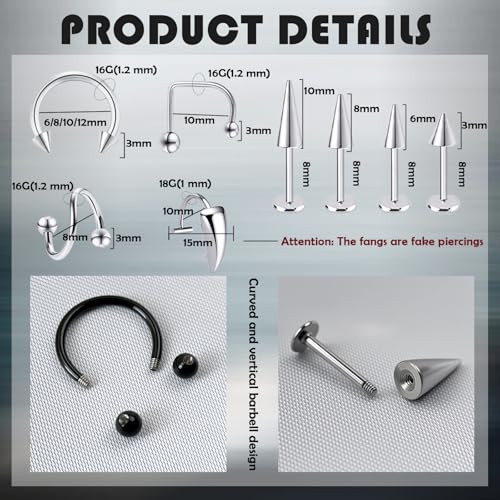 Lip Rings 16G Snake Bite Piercing Labret Jewelry Monroe Barbell | Spike Nose Stud Spiral Piercing Vampire Fangs Lip Cuff Stainless Steel Vertical Helix Jewelry for Women Men