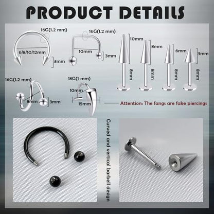 Lip Rings 16G Snake Bite Piercing Labret Jewelry Monroe Barbell | Spike Nose Stud Spiral Piercing Vampire Fangs Lip Cuff Stainless Steel Vertical Helix Jewelry for Women Men