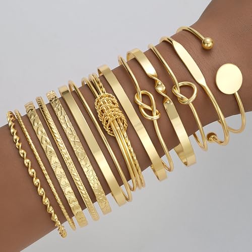 FAXHION Gold Bangle Bracelets for Women, 14 Pcs Multi Layer Stackable Bangle Set, 14K Gold Plated Textured Chunky Bracelets Boho Jewelrys Set - style: Gold A-14 pcs