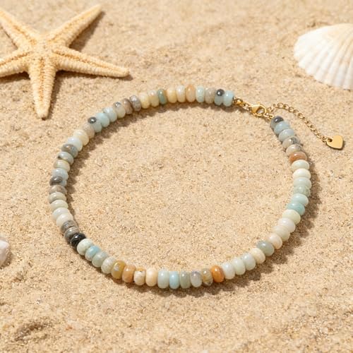 Beaded Necklace for Women,Natural Gemstone Necklace for Women,Colorful Bead Choker Necklace Handmade Surfer Beach Necklace Trendy Jewelry Gift for Women - style: 5x8MM Amazonite