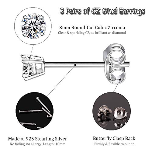 EPIRORA Sterling Silver Stud Earrings for Women Men- 3 Pairs 3mm Tiny Ball Stud Earrings Round CZ Earrings Pearl Earrings Set Cartilage Small Tragus Earrings - style: 3 Pairs-Cubic Zirconia Earrings