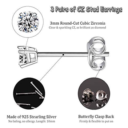 EPIRORA Sterling Silver Stud Earrings for Women Men- 3 Pairs 3mm Tiny Ball Stud Earrings Round CZ Earrings Pearl Earrings Set Cartilage Small Tragus Earrings - style: 3 Pairs-Cubic Zirconia Earrings