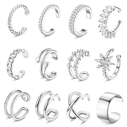 9Pcs Ear Cuff 14K Gold Plated Cuff Earrings Gold Ear Cuffs Non Pierced | Fake Conch Cartilage Earrings Ear-Clips Minimalist Non Piercing Delicate Clip-on Ear Cuffs Stackable Set - style: B-12pcs-Silver