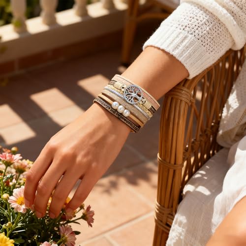 Leather Wrap Bracelets for Women, Boho Leopard Multi-Layer Crystal Beads Cuff Jewelry - color: J-Warp-003