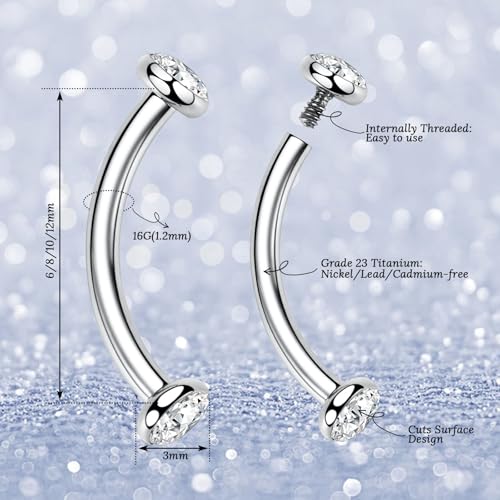 G23 Titanium Eyebrow Piercing Jewelry Eyebrow Rings Curved Barbell 16G Eyebrow Belly Button Ring Navel Rings Rook Daith Earrings Lip Ring Eyebrow Jewelry 6mm-12mm - color: 2PCS,Disc Shape Clear CZ,Silver