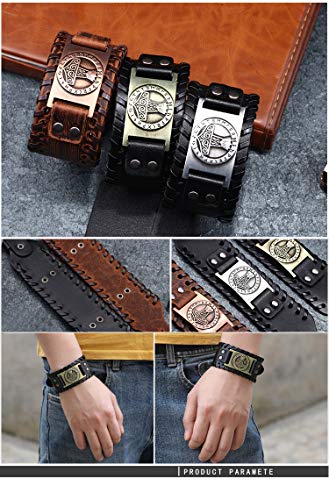 GelConnie Viking Bracelet Punk Leather Cuff Bracelet Gothic Leather Wristband Bracelet with Nordic Amulet Scandinavian Talisman Celtic Pagan Jewelry - color: Brown Mjolnir