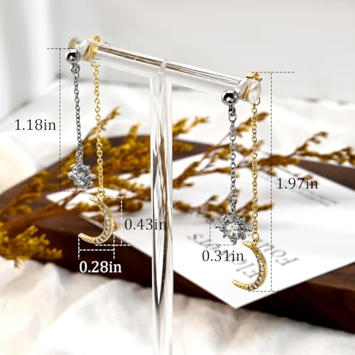 Moon and Star Dangle Earrings | Chain Tassel with Cubic Zirconia Drop Front and Back Earrings Celestial Jewelry for Wedding Gift - color: Silver and Gold