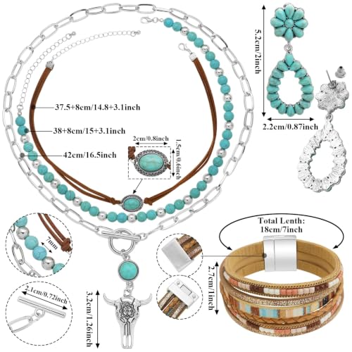RechicGu Western Jewelry For Women Bohemian Turquoise Dangle Earrings Necklace Bracelet Set, Bullhead Pendant Layered Choker Boho Faux Leather Wristband Country Concert Cowgirl Accessories - color: Jewelry Set A
