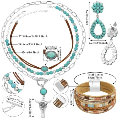 RechicGu Western Jewelry For Women Bohemian Turquoise Dangle Earrings Necklace Bracelet Set, Bullhead Pendant Layered Choker Boho Faux Leather Wristband Country Concert Cowgirl Accessories - color: Jewelry Set A