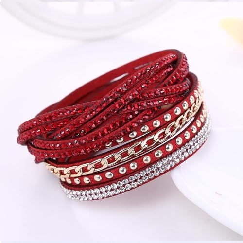Long tiantian Leather Wrap Bracelets for Women Boho Multi Layered Bracelets Western Jewelry Hot Pink Accessories Birthday Gifts - color: 2287 red