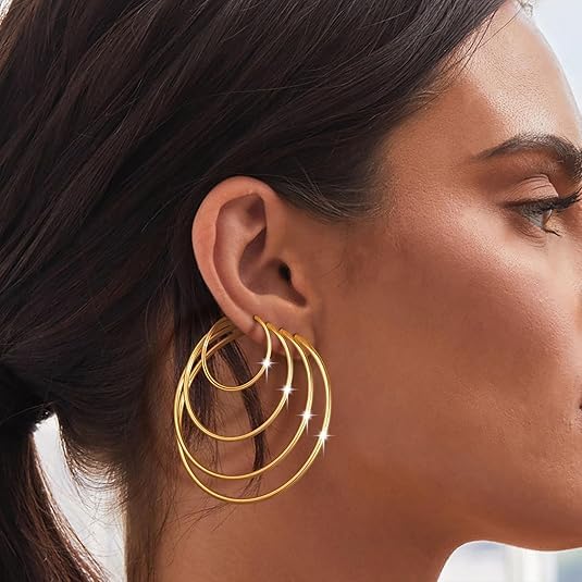 5/12 Pairs Gold Silver Plated Hoop Earrings for Women, Hypoallergenic Stainless Steel Hoops Earrings Set, Lightweight Large Small Hoops Women Earrings Loop Earrings Set - color: 5 Pairs Gold Plated
