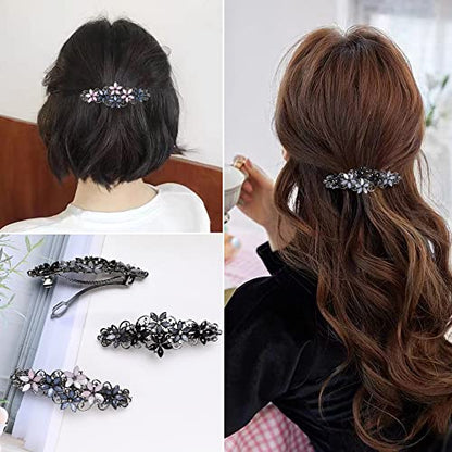 Flower Rhinestone Hair Barrettes for Women Fine Hair Glitter Sparkle Fancy Hair Clips for Women And Girls Elegant Pearl Barrettes (Black&Gray) - color: Black&Gray