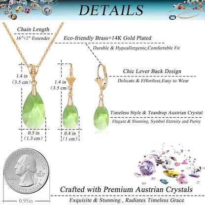 Austrian Crystals Teardrop Pendant Necklace Earrings for Women 14K Gold Plated Hypoallergenic Leverback Drop Dangle Earrings Jewelry Set - color: Green