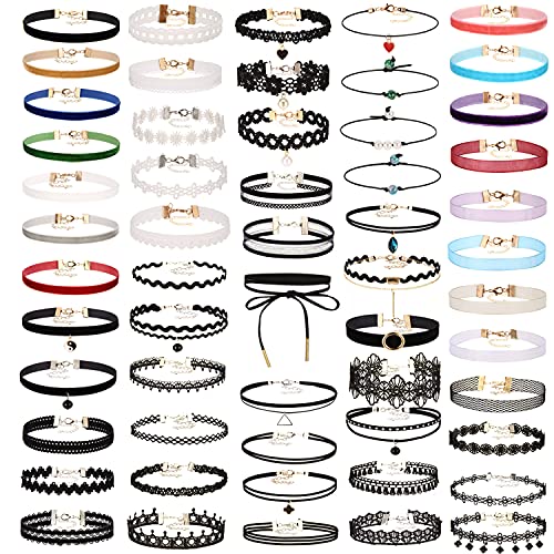 K&Q 56 PCS Choker Necklace Set - Classic Colorful Gothic & Cute Lace Velvet Collar Choker Necklaces for Women