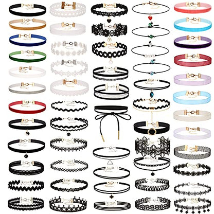 K&Q 56 PCS Choker Necklace Set - Classic Colorful Gothic & Cute Lace Velvet Collar Choker Necklaces for Women