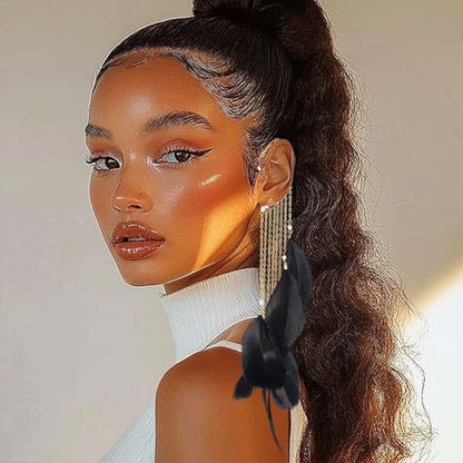 Catery Feather Earrings Long Tassel Boho Earrings Dangling Fringe Prom Jewelry for Women - color: Black