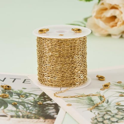 UMAOKANG 32.8 Feet Small Paperclip Chain for Jewelry Making Dainty Gold Plated Stainless Steel Chains Bulk on Spool - color: Paperclip Gold