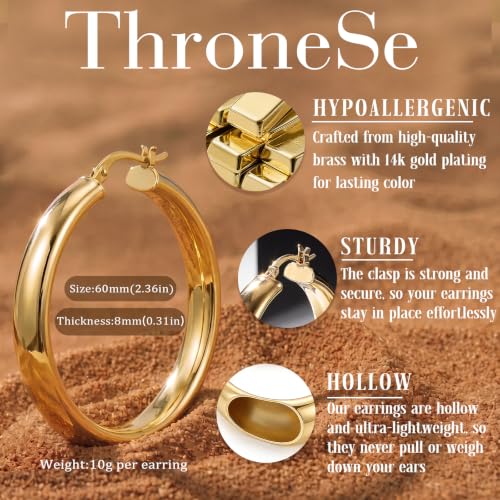 8mm Wide Gold Hoop Earrings for Women Hypoallergenic 925 Sterling Silver post Lightweight Large 14k Chunky Gold Hoop Earrings for Women 20/30/40/50/60mm - color: Gold 60mm