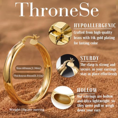 8mm Wide Gold Hoop Earrings for Women Hypoallergenic 925 Sterling Silver post Lightweight Large 14k Chunky Gold Hoop Earrings for Women 20/30/40/50/60mm - color: Gold 60mm