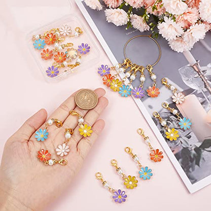 SUNNYCLUE 1 Box 30Pcs Stitch Markers Crochet Stitch Marker Daisy Flower Charms Pearl Beads Zipper Pull Clip On Removable Lobster Claw Clasp Charm Locking Knitting Markers for Weaving Sewing Quilting - color: 30pcs Flower & Pearl Stitch Markers With Upgrad