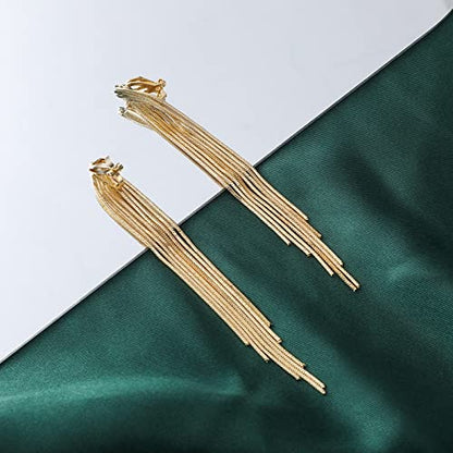Gold Metal Clip On Earrings for Women Non Pierced Dangle Drop Earrings Multiple Styles - color: gold tassel