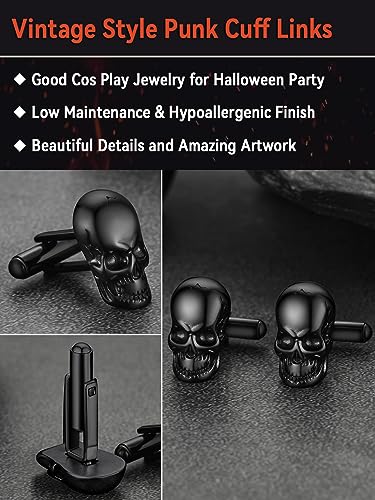 FaithHeart Mens Cufflinks, Norse Viking Tuxedo Shirt Cuff Links, Stainless Steel Cuff Links and Shirt Studs, Gift Box - style: 05. Skull Head-Black