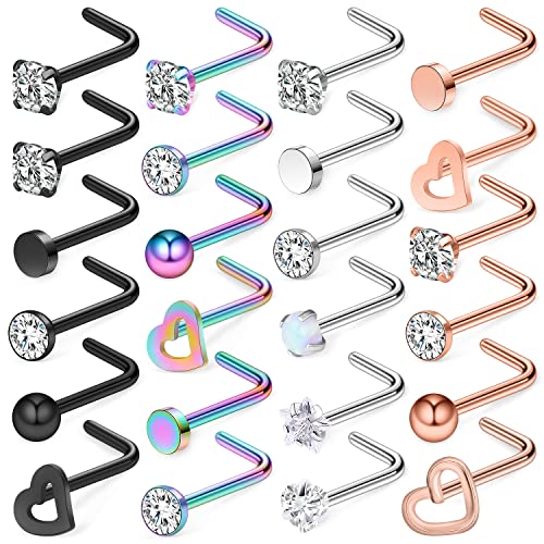 18G 20G Nose Rings Piercings Hypoallergenic Nose Studs 316L Surgical Steel Heart Nose Rings L Shaped Straight Screw Nose Piercing Jewelry for Women Men Silver Black Rose Gold Colorful - color: 18G Mix Color-L Shaped