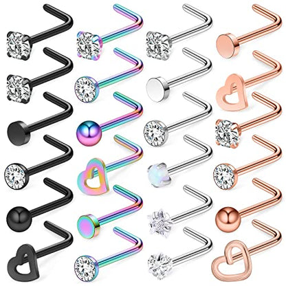 18G 20G Nose Rings Piercings Hypoallergenic Nose Studs 316L Surgical Steel Heart Nose Rings L Shaped Straight Screw Nose Piercing Jewelry for Women Men Silver Black Rose Gold Colorful - color: 18G Mix Color-L Shaped