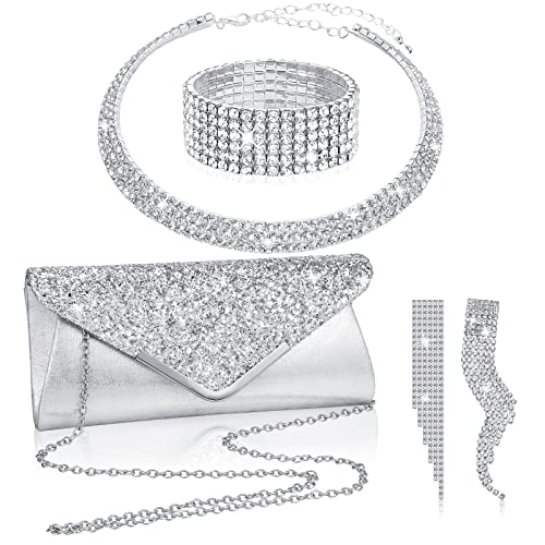 Mixweer 4 Pieces Clutch Purses Bag for Women Evening Rhinestone Jewelry Set Bling Necklace Earrings Bracelets Set for Wedding - style: Trendy Style