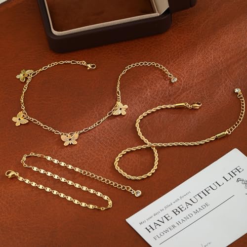 Gold Ankle Bracelets for women,14k Gold/Silver Plated Waterproof Layered lightweight Bow Beaded Twisted Chain Cross Butterfly Satellite Ankle Bracelets Set Gold Anklets for women Trendy Summer Beach Jewelry Gift for Women - style: 3 anklets butterfiy rope